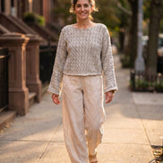 Pantalon ballon, un mélange lin/coton rayé