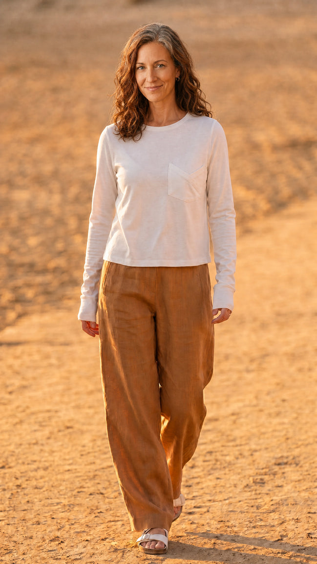 Sepia Colour Ramie Barrel-Leg Pants