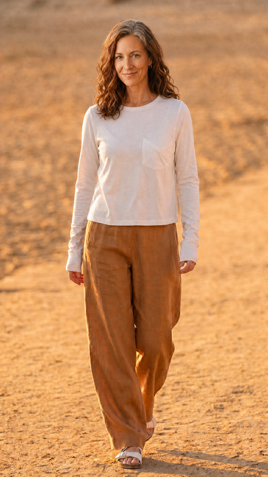 Sepia Colour Ramie Barrel-Leg Pants