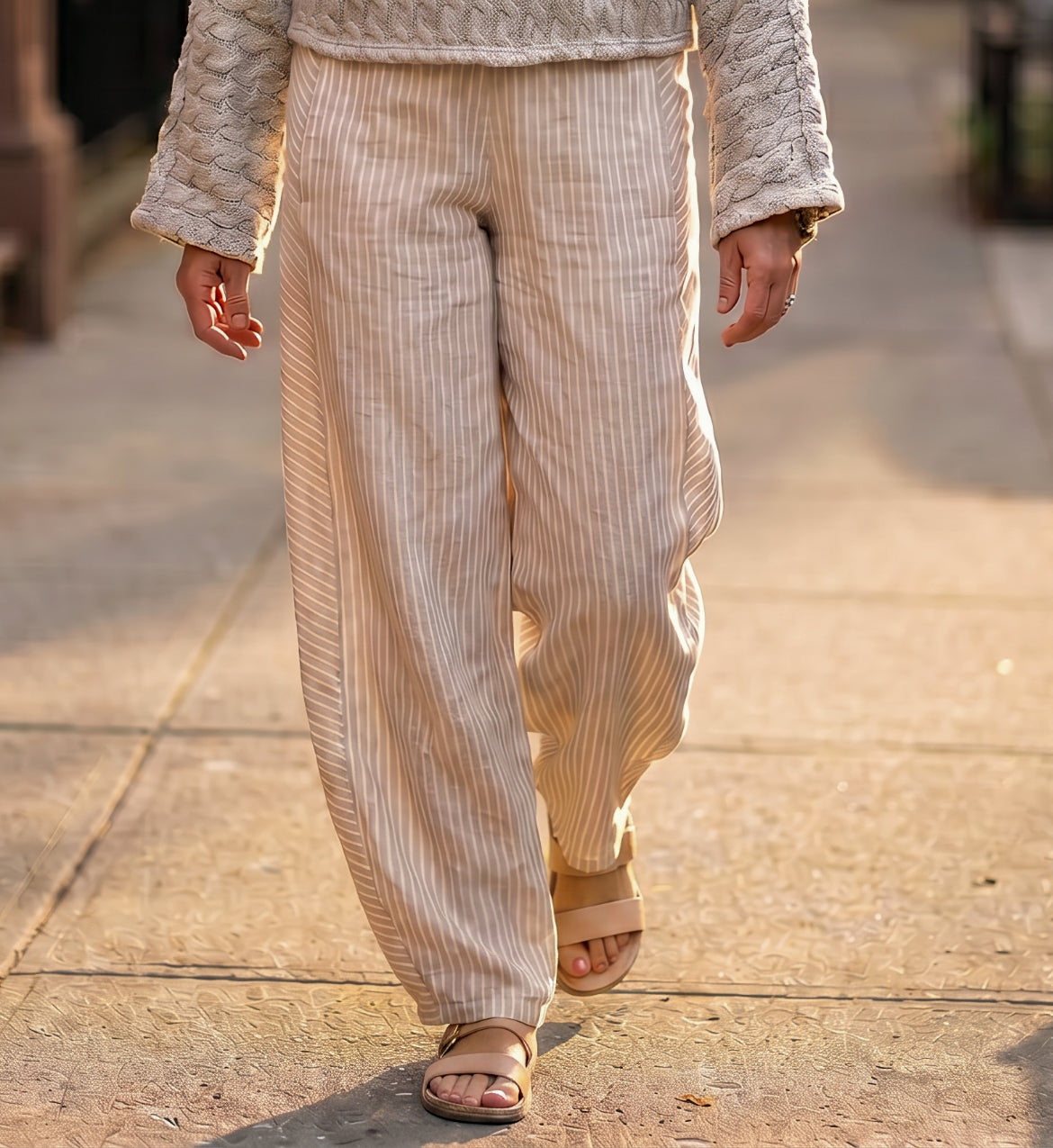 Striped Linen/Cotton Blend Barrel-Leg Pants