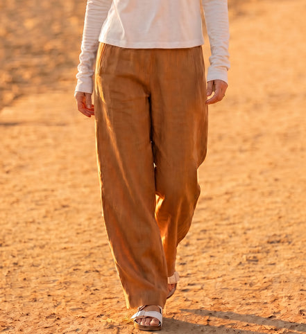 Sepia Colour Ramie Barrel-Leg Pants