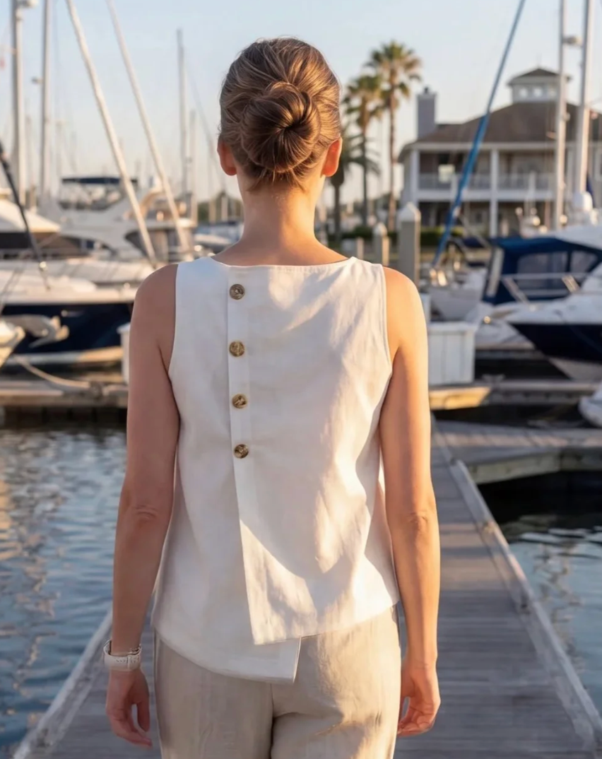 Blouse asymétrique sans manches en lin et coton blanc