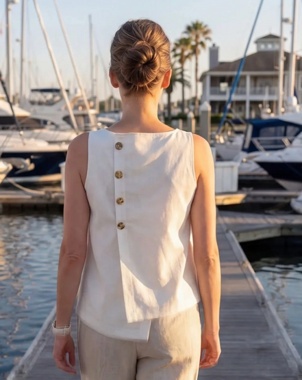 Blouse asymétrique sans manches en lin et coton blanc